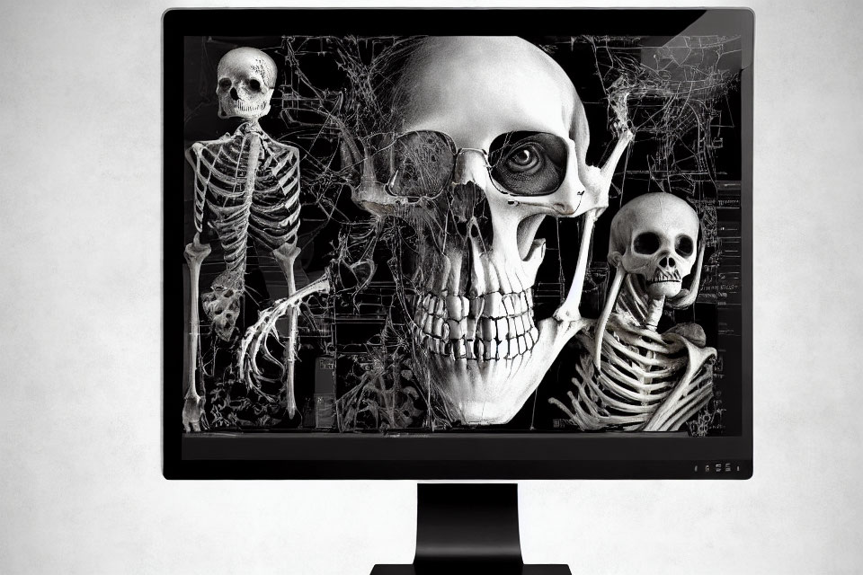Collage of skeletal images on computer monitor