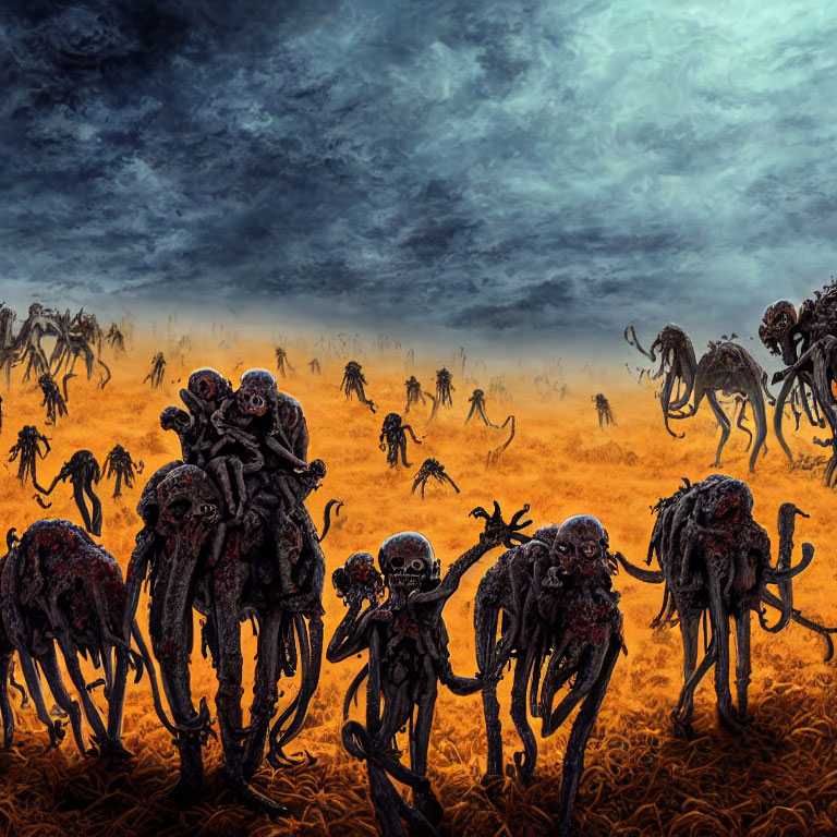 Dark post-apocalyptic landscape with humanoid figures and skull-like faces