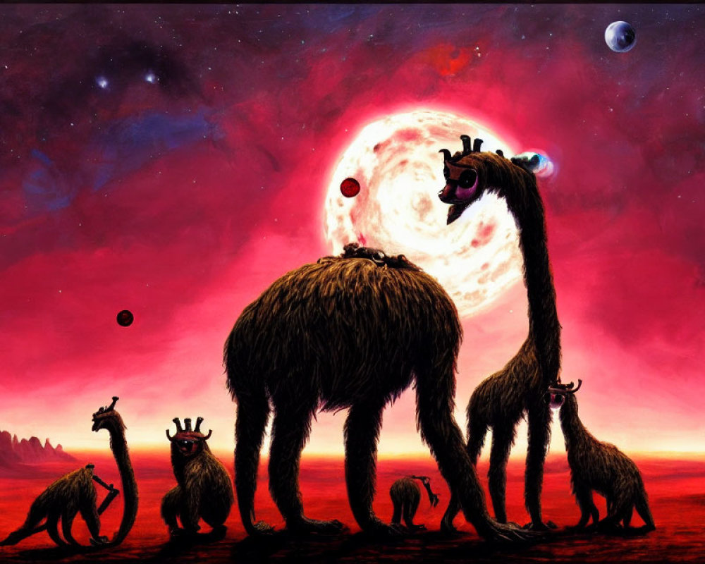 Colorful Cartoon llamas in Cosmic Background