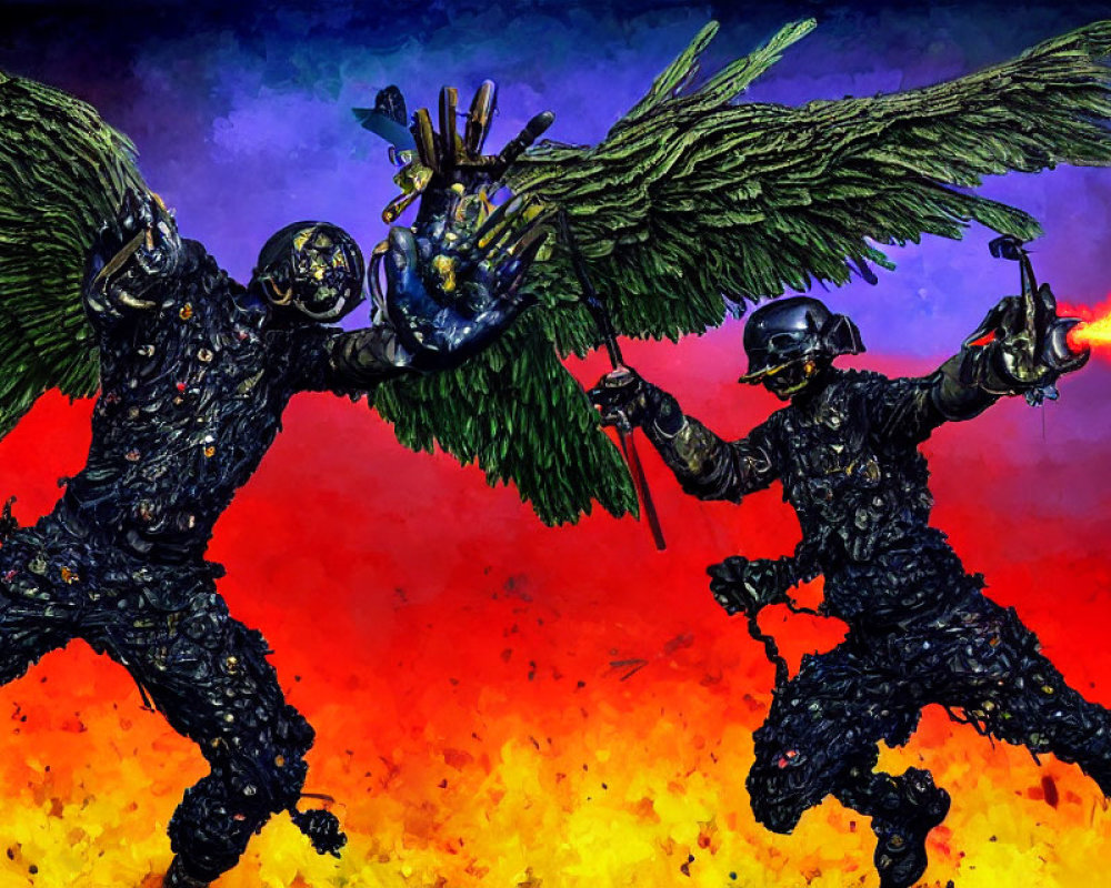 Armored figures with wings in combat against fiery backdrop