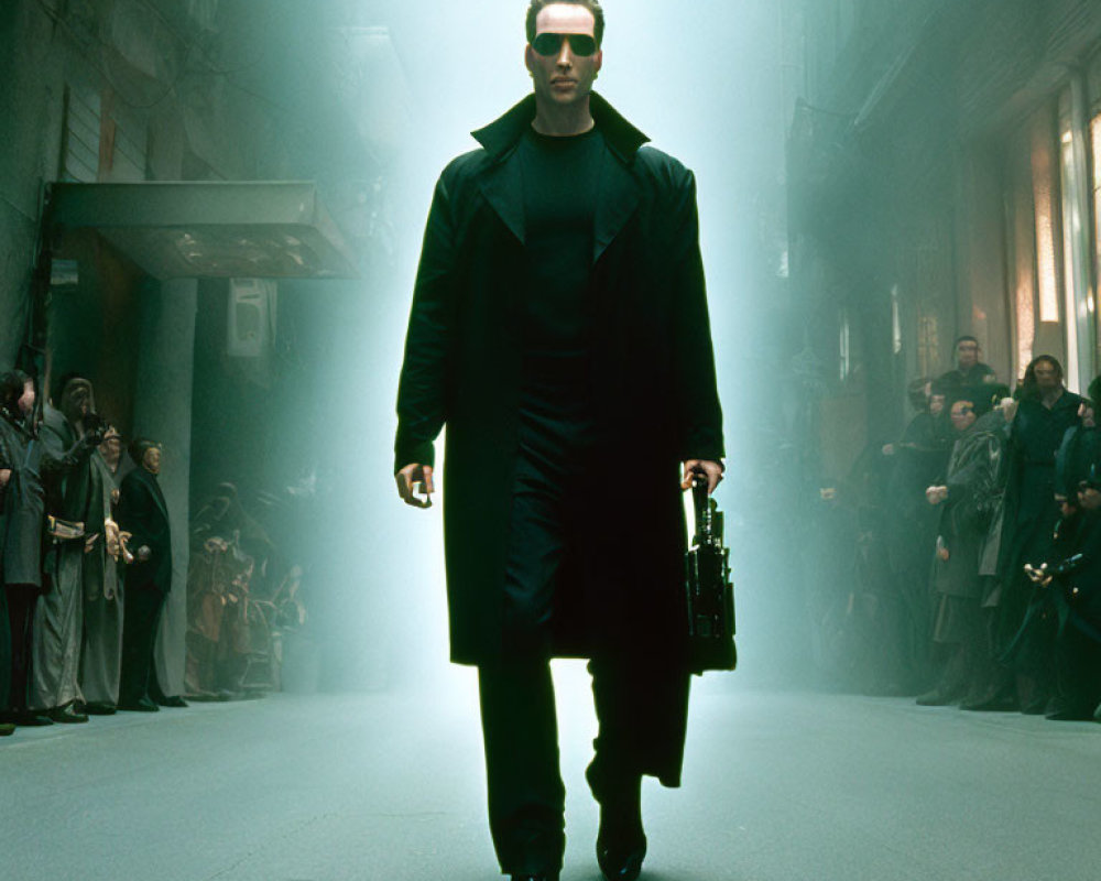 Man in Black Coat with Gun Walks Through Crowded Alley