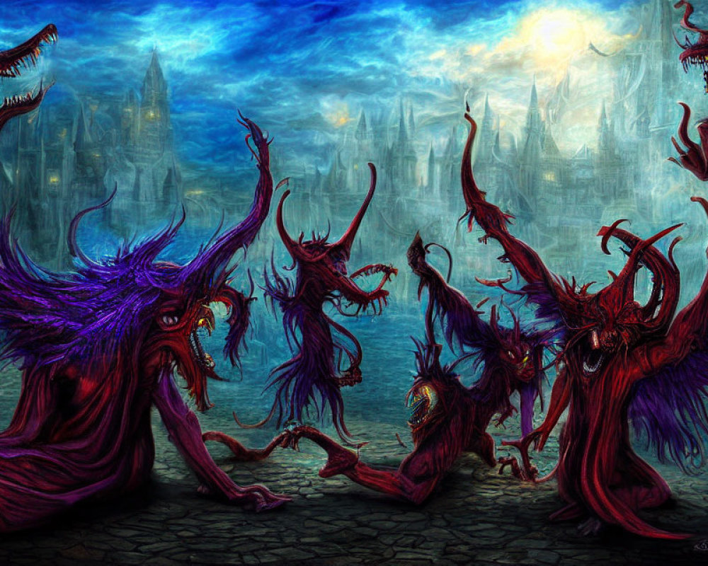 Fantastical red and purple creatures in gothic cityscape at twilight