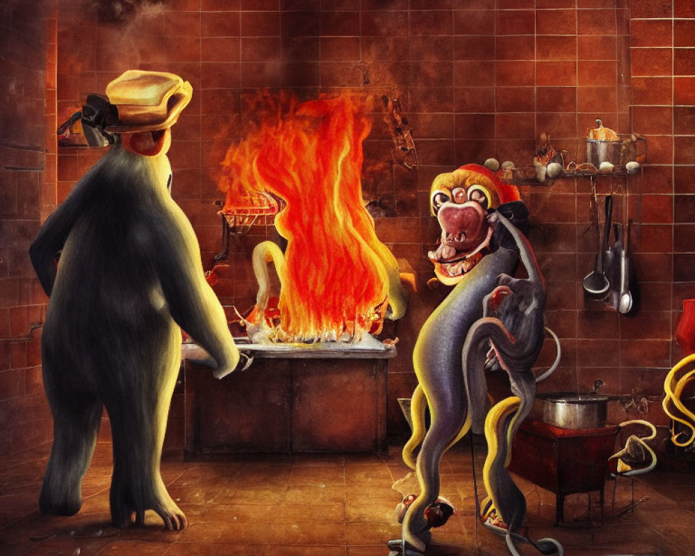 Bear and monkey in kitchen with flames and smoke.