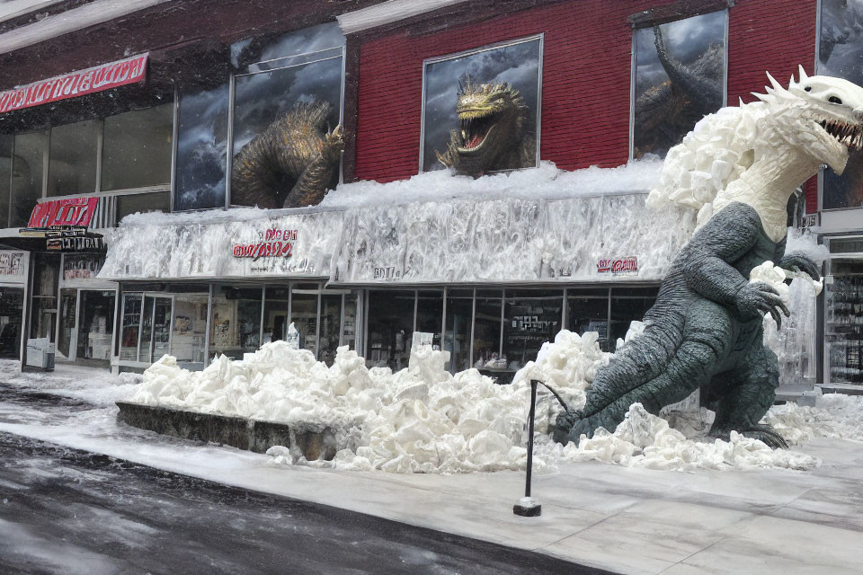Snowy Godzilla Statue Outside Shop Window Displaying Name