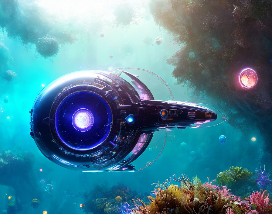 Glowing futuristic submarine explores vibrant underwater realm