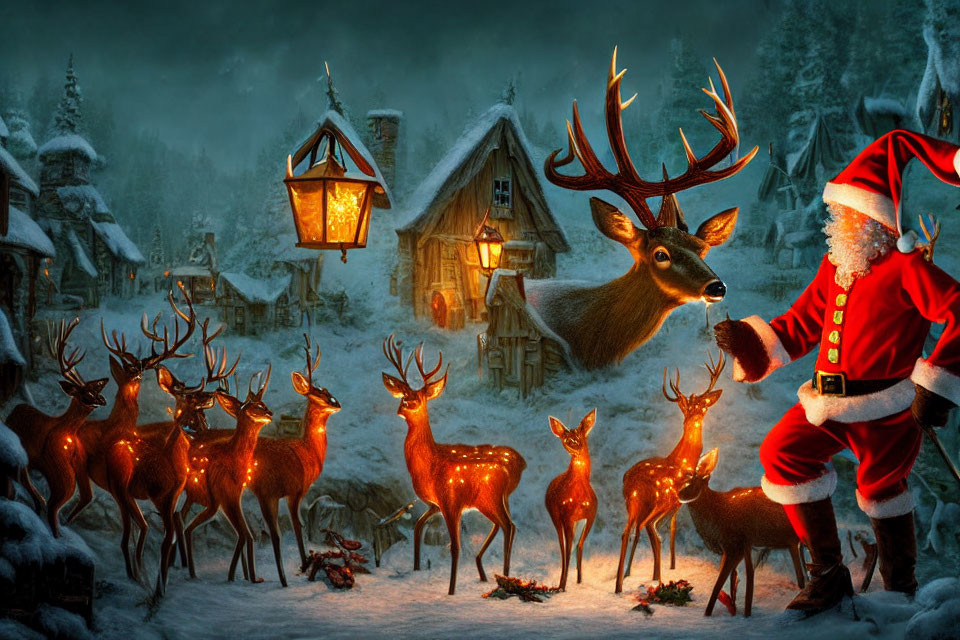 Winter scene: Santa Claus and reindeer in snowy village with glowing lanterns and cozy cottages