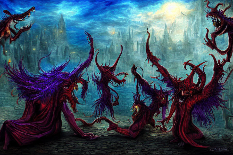 Fantastical red and purple creatures in gothic cityscape at twilight