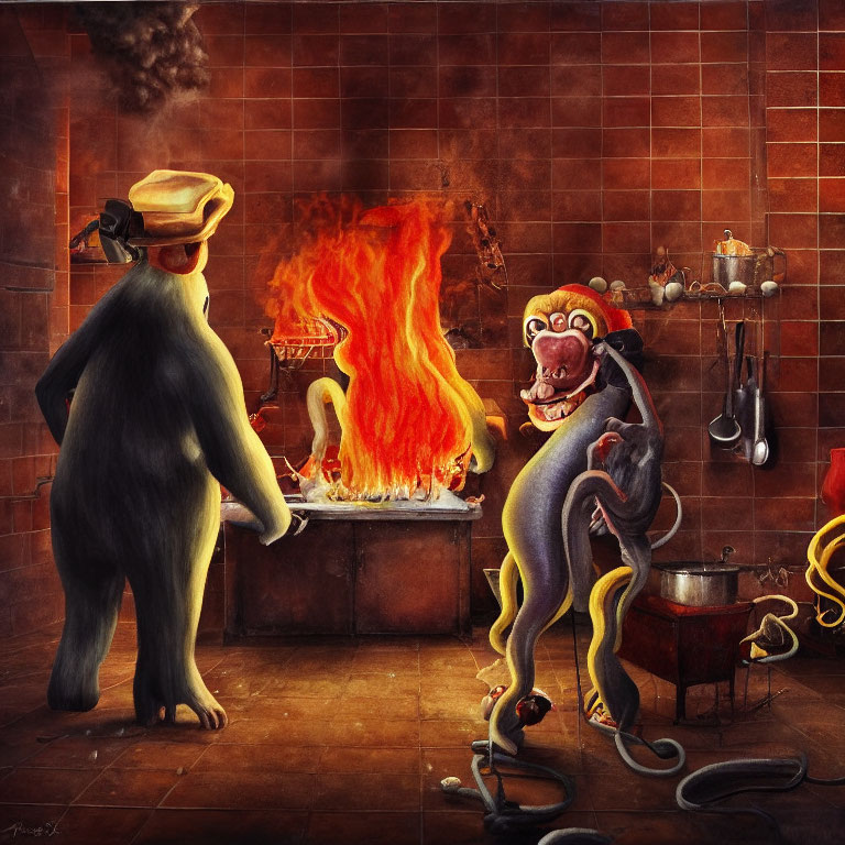 Bear and monkey in kitchen with flames and smoke.