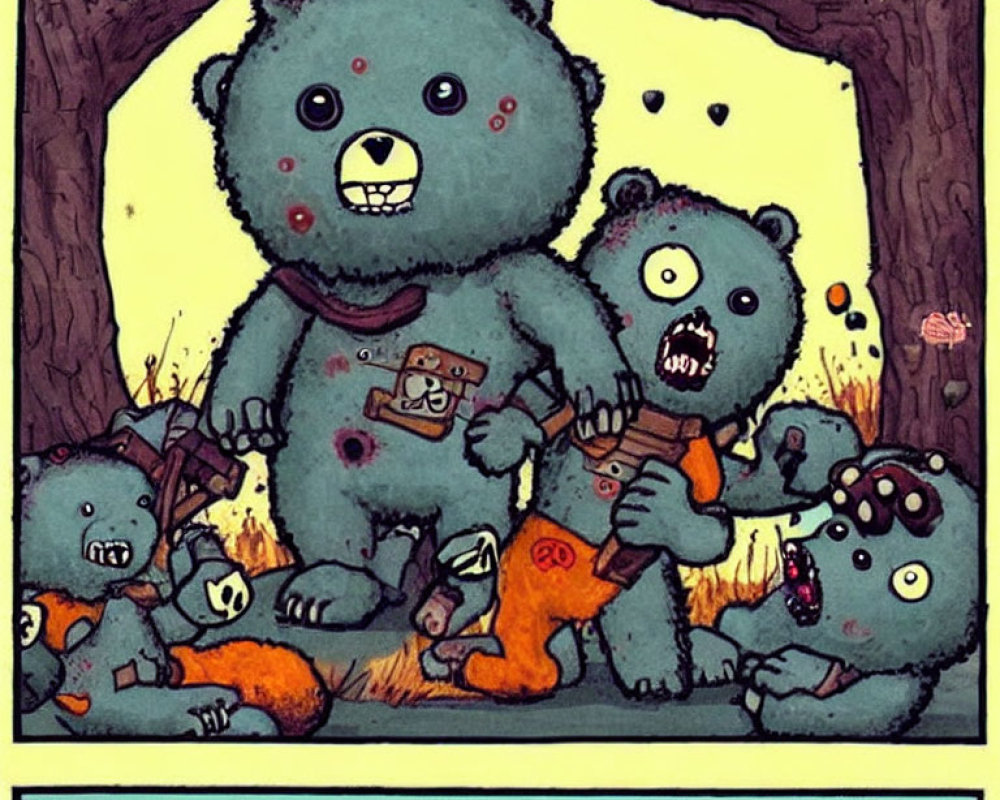 Spooky zombie teddy bear illustration with graves and trees