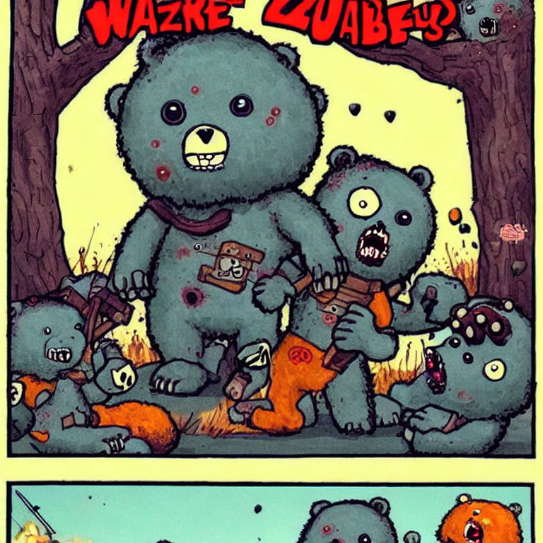 Spooky zombie teddy bear illustration with graves and trees