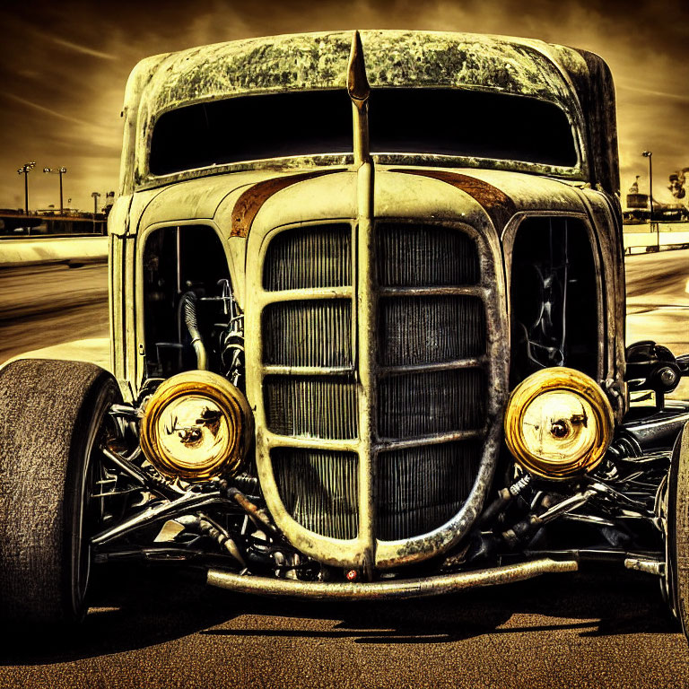 Classic Hot Rod with Golden Headlights and Rusty Patina