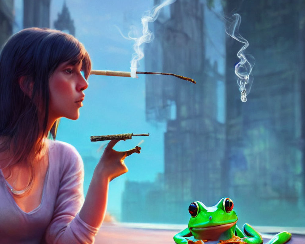 Woman with smoking incense stick near green frog and mystical cityscape