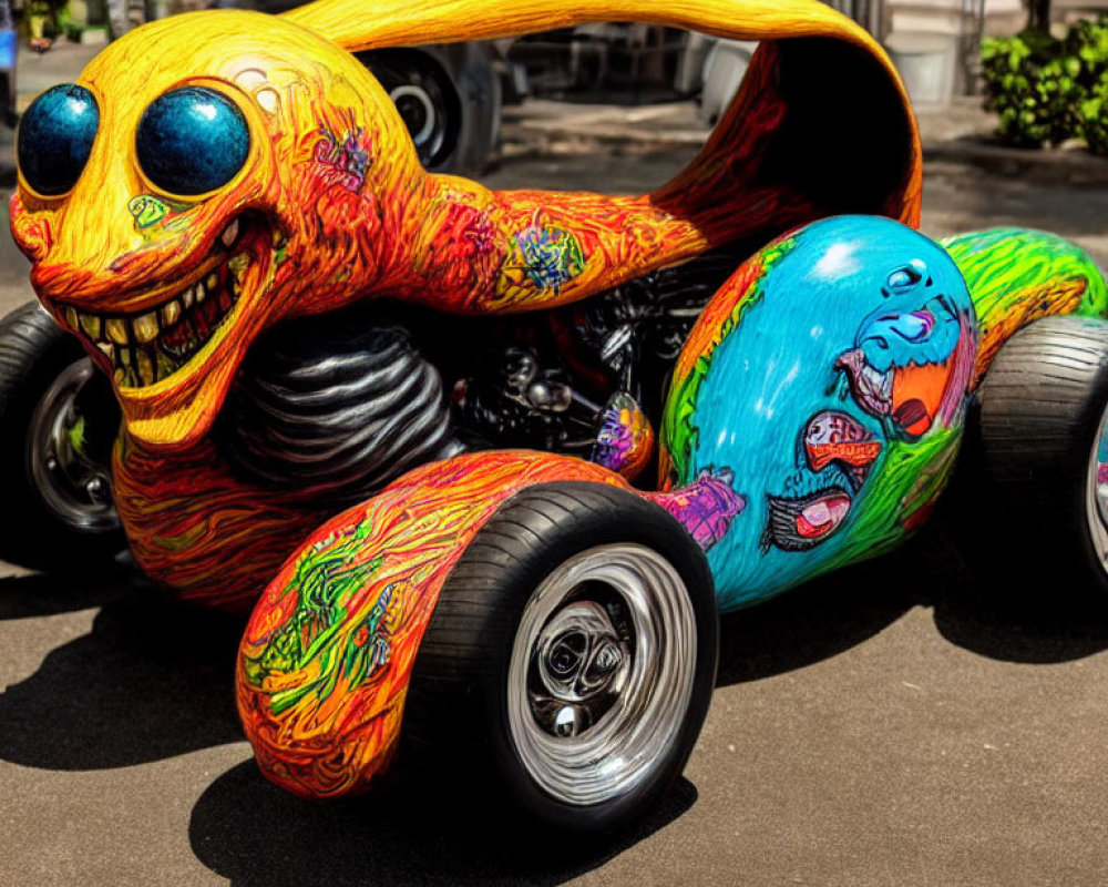 Custom-painted vehicle with whimsical monster design on urban street