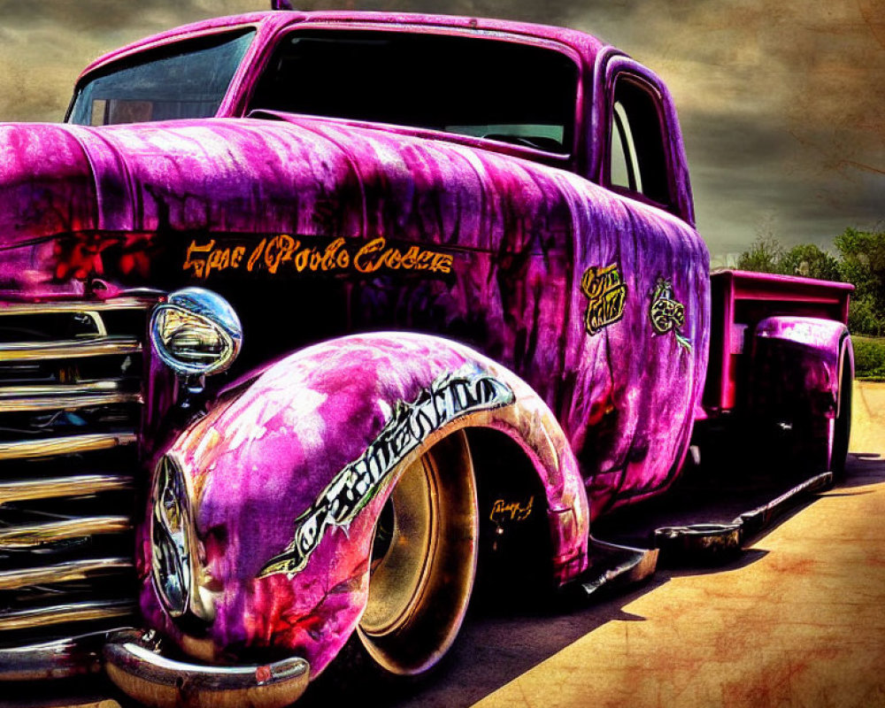 Vintage Purple Truck with Custom Graphics under Dramatic Sky