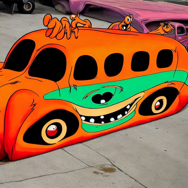 Colorful Cartoonish Car with Multiple Eyes and Whimsical Creatures on Concrete