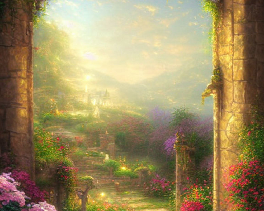 Serene garden scene through stone archway with sunlight and vibrant flowers