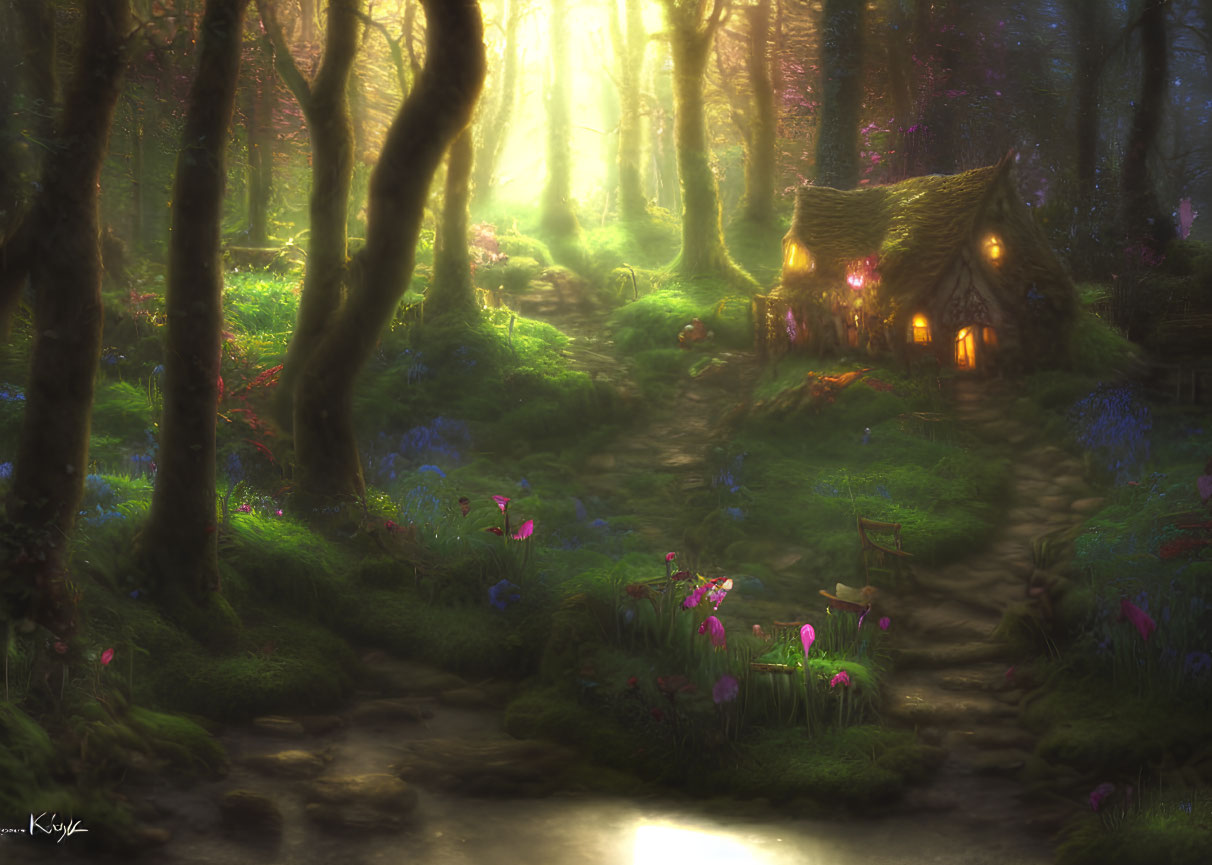 Whimsical cottage in enchanted forest with sunbeams, flowers, and glowing house