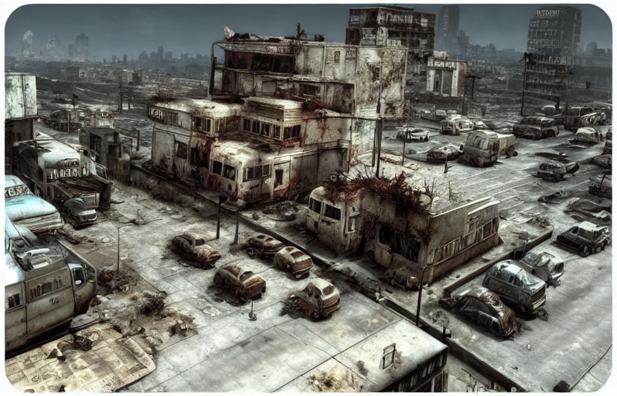 Desolate urban landscape with abandoned vehicles and rundown buildings