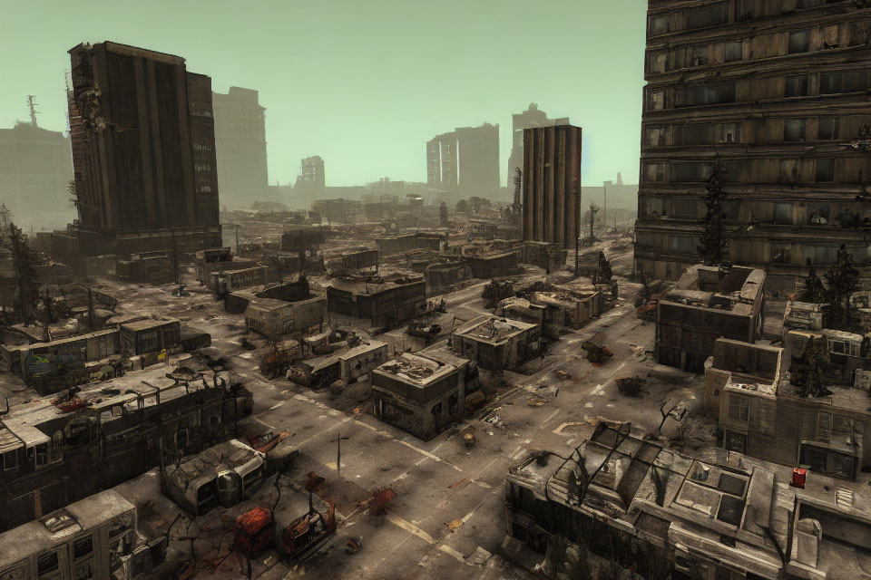 Desolate urban landscape with dilapidated buildings under overcast sky