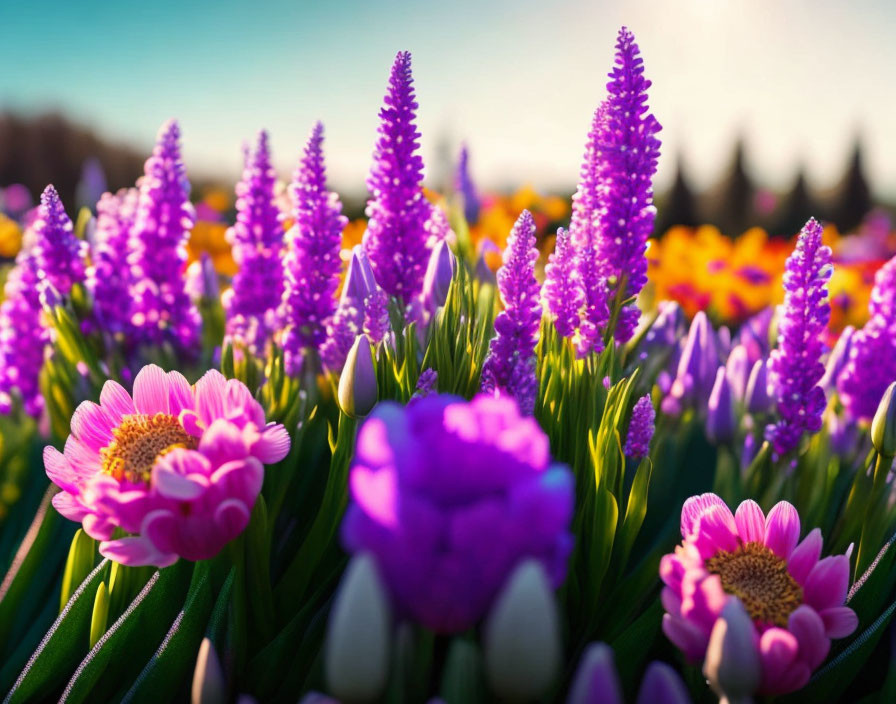 Colorful Lupines, Pink Daisies, and Tulips in Soft Sunlight