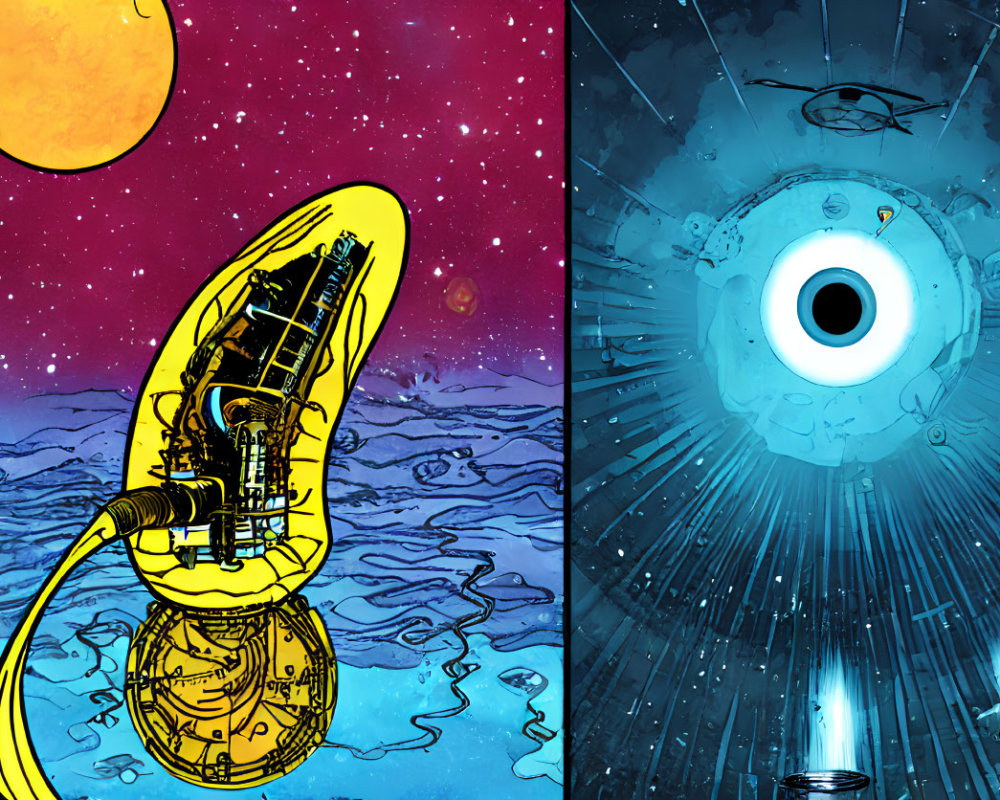Split-image: Saxophone spaceship on water planet & robotic eye in space station corridor
