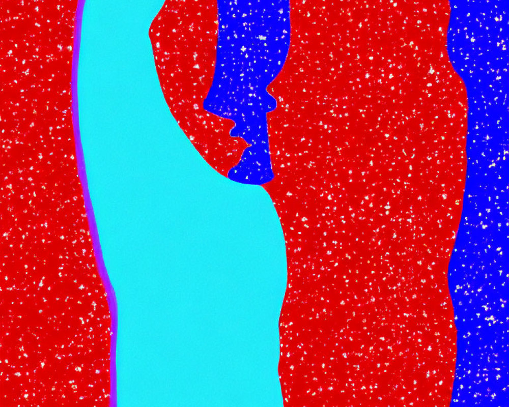 Silhouette Profile of Two Faces on Red and Blue Background with Turquoise Space and Sprinkle Texture