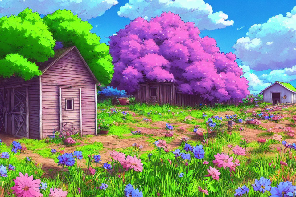 Colorful illustration of rustic shed, green trees, pink blossoms, and vibrant flowers under blue sky