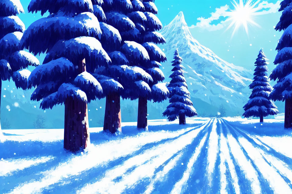 Winter Scene: Snowy Landscape with Pine Trees and Mountain