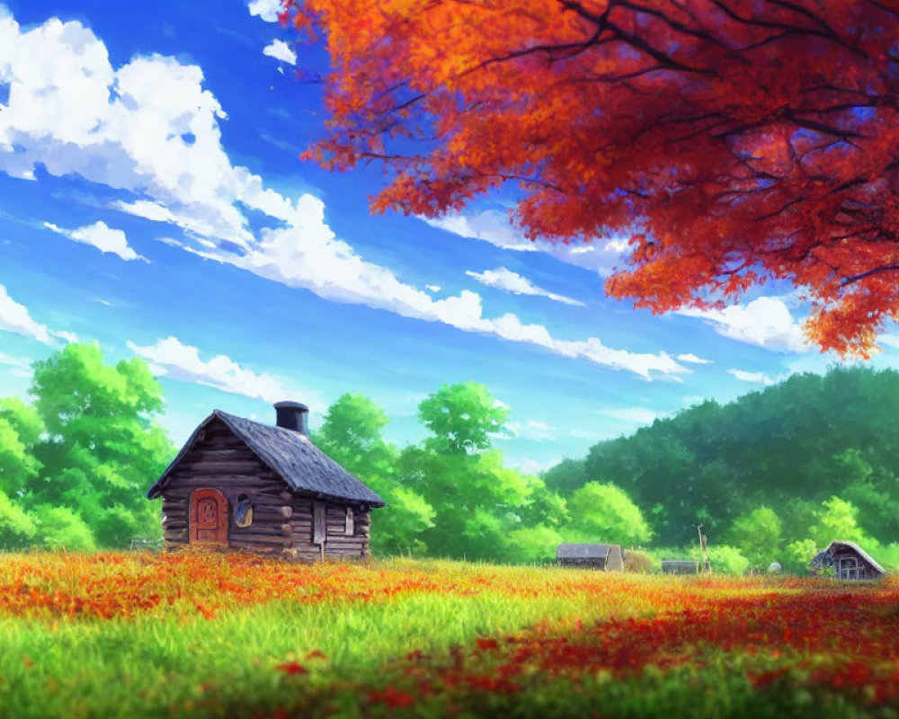 Vibrant orange tree and wooden cabin in lush meadow