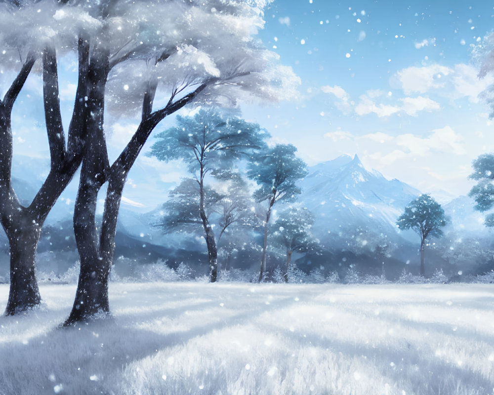 Snow-covered trees and field in serene winter landscape with distant mountain and gentle snowfall