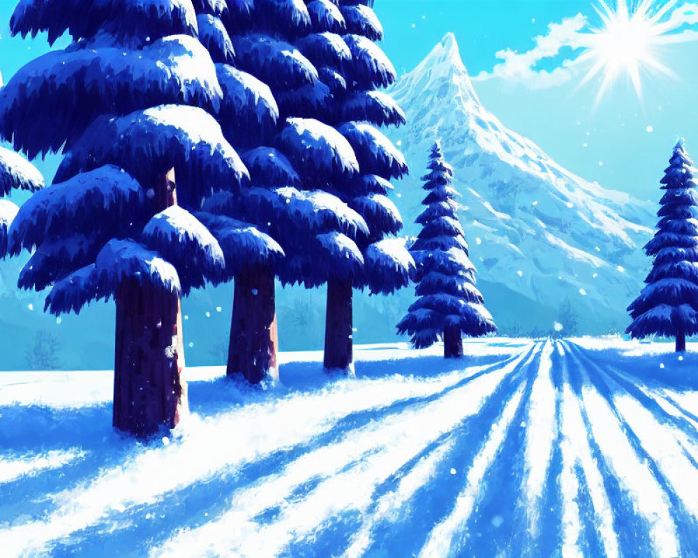 Winter Scene: Snowy Landscape with Pine Trees and Mountain