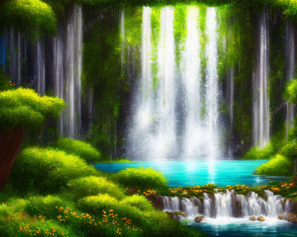 Tranquil waterfall in lush greenery with sunlight and blue pond.