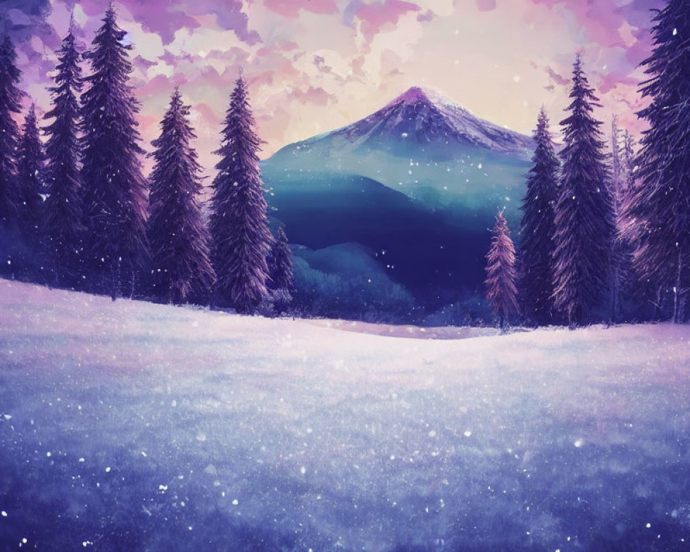 Snowy Dusk Landscape: Evergreen Trees, Mountain, Purple Sky