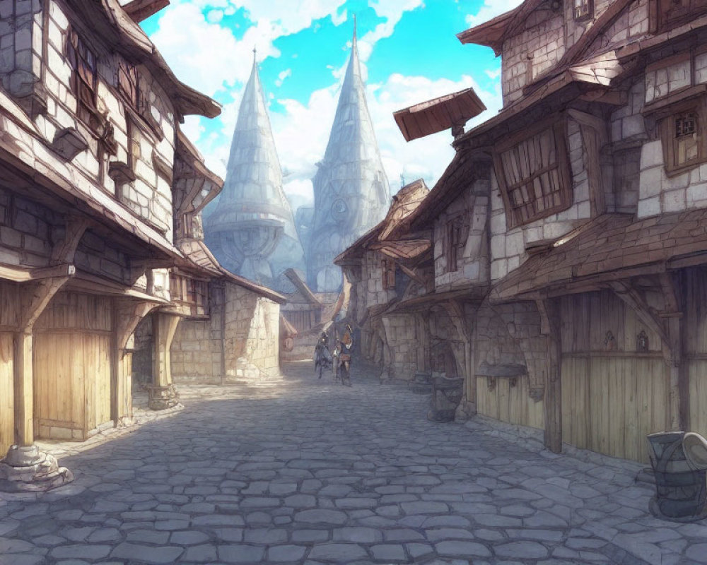 Historic cobblestone street with wooden buildings leading to grand castle