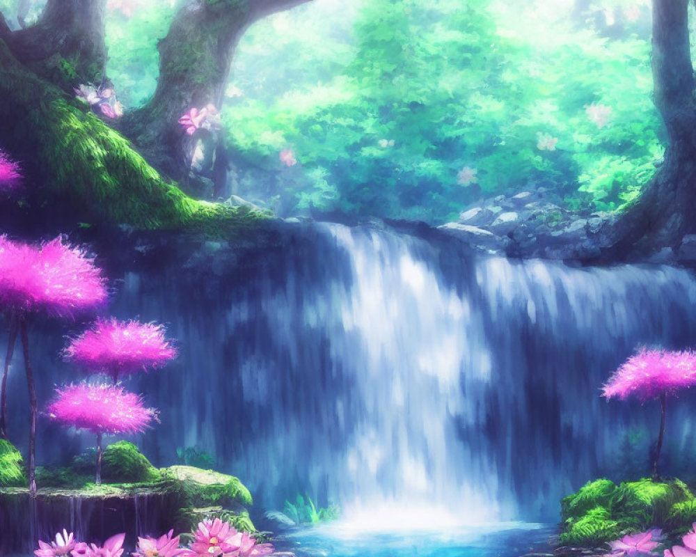 Tranquil forest waterfall with pink blossoms