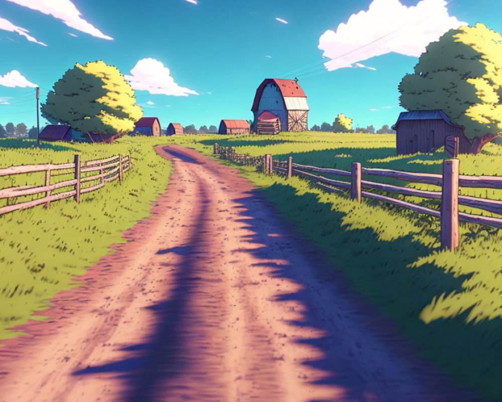 Rural landscape with dirt road, farm, trees, and blue sky