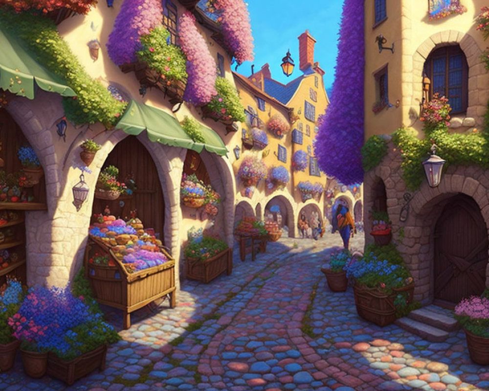 Vibrant flowers and medieval buildings on cobblestone street