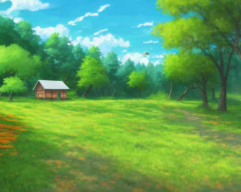 Tranquil landscape with wooden cabin, lush trees, and bird