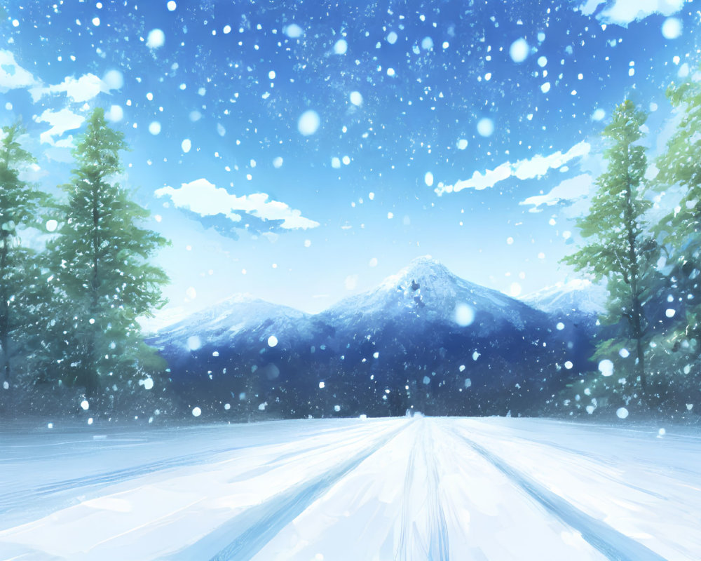 Snowy winter landscape with mountains, evergreen trees, and falling snow.