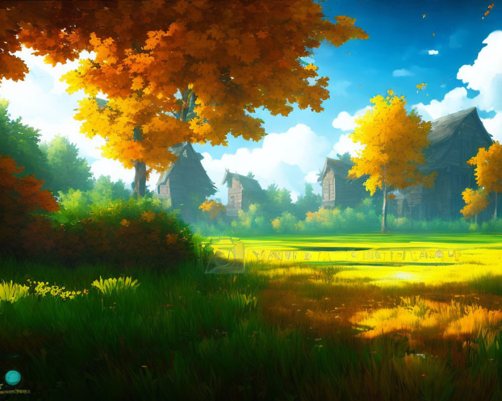 Serene village scene with autumn trees in vibrant digital painting