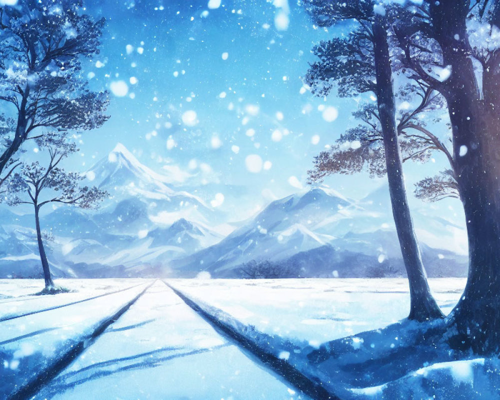 Winter scene: Snowy road, mountains, trees, falling snowflakes