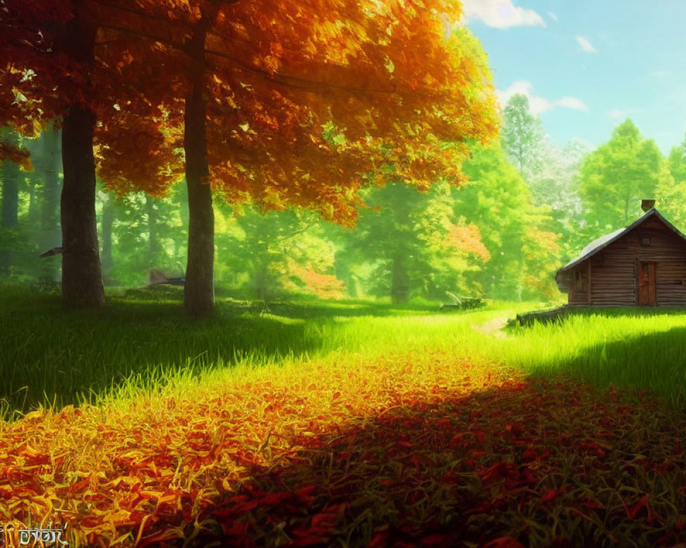 Tranquil autumn cabin in golden leaf forest