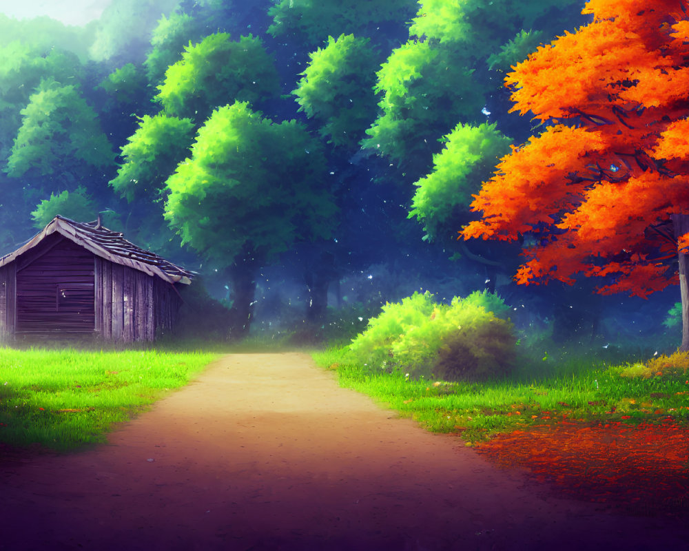 Tranquil forest landscape with cabin, vibrant trees, and misty ambiance