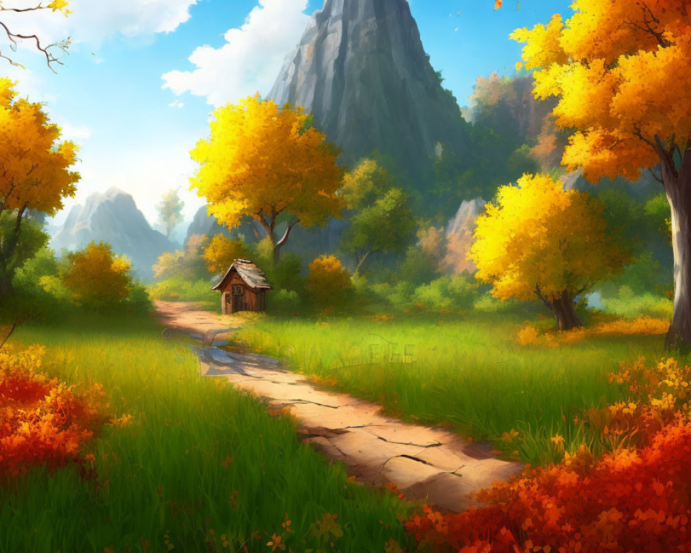 Tranquil autumn landscape with path to cottage surrounded by lush trees