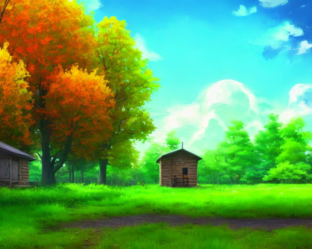 Scenic landscape with green grass, rustic huts, autumn tree, blue sky