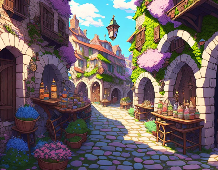 Charming village scene with cobblestone street, archways, purple flowers, and medieval architecture