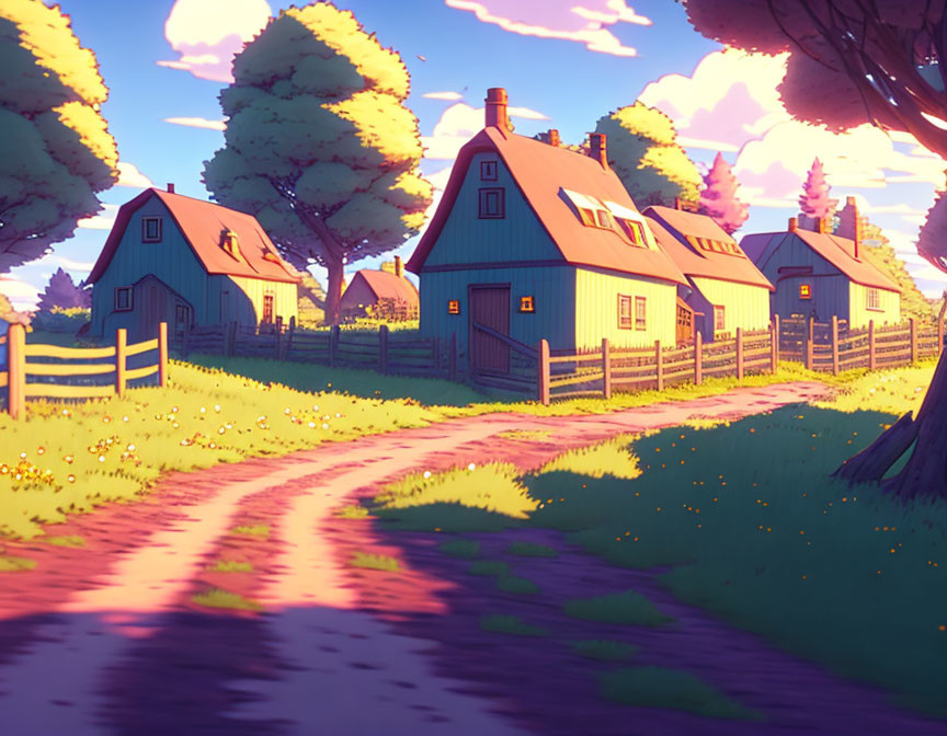 Tranquil countryside scene with quaint houses, meandering path, wooden fences, and lush trees at