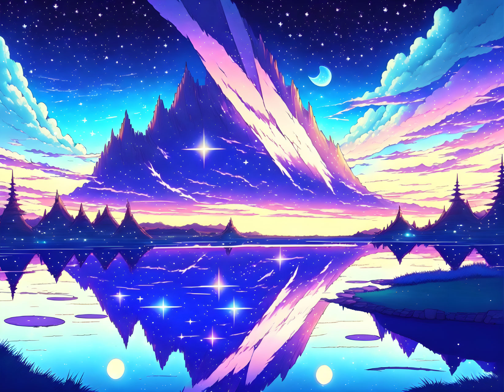 Mirror mountain on a lake with stars