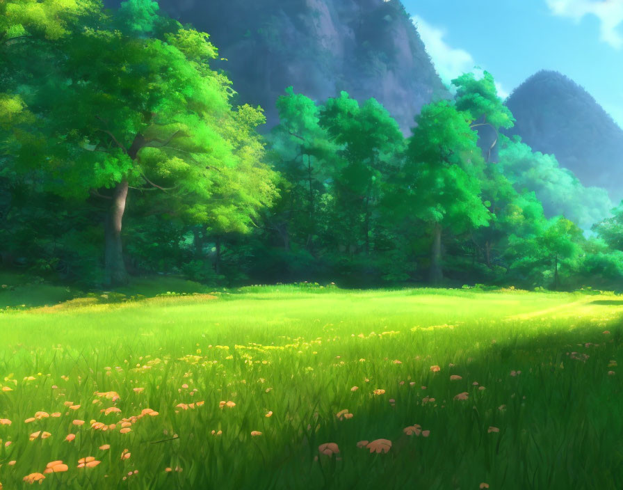 Vibrant Green Meadow with Wildflowers, Trees, and Mountains