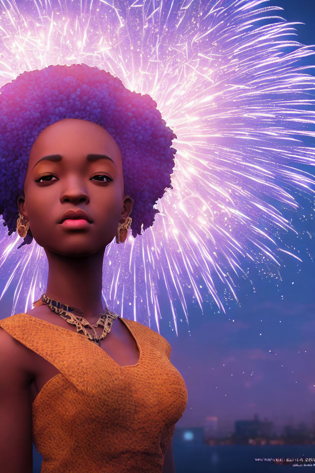 Purple Afro-Haired Animated Character in Yellow Dress with Fireworks Background